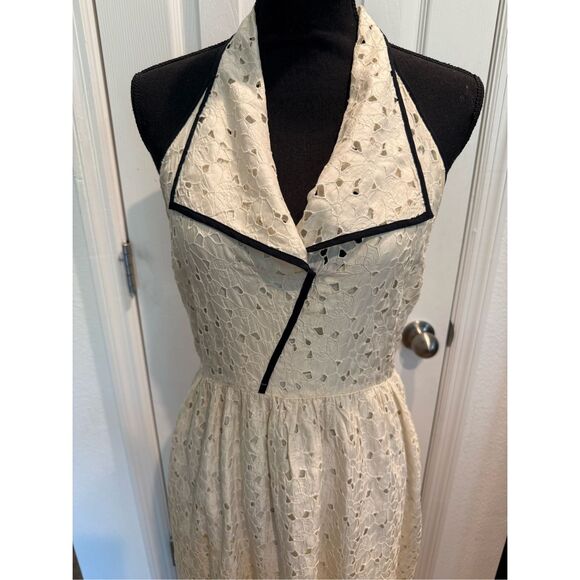 Anthropologie Eyelet Halter Silk Ivory Dress Black Trim  Sz 6 See Description - Picture 2 of 8